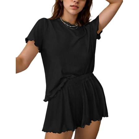 Ekouaer Womens Pajamas 2 Piece Ribbed Knit Pjs Short Sleeve Sleepwear Set Summer Soft Pajamas Set Casual Lounge Sets Black XL