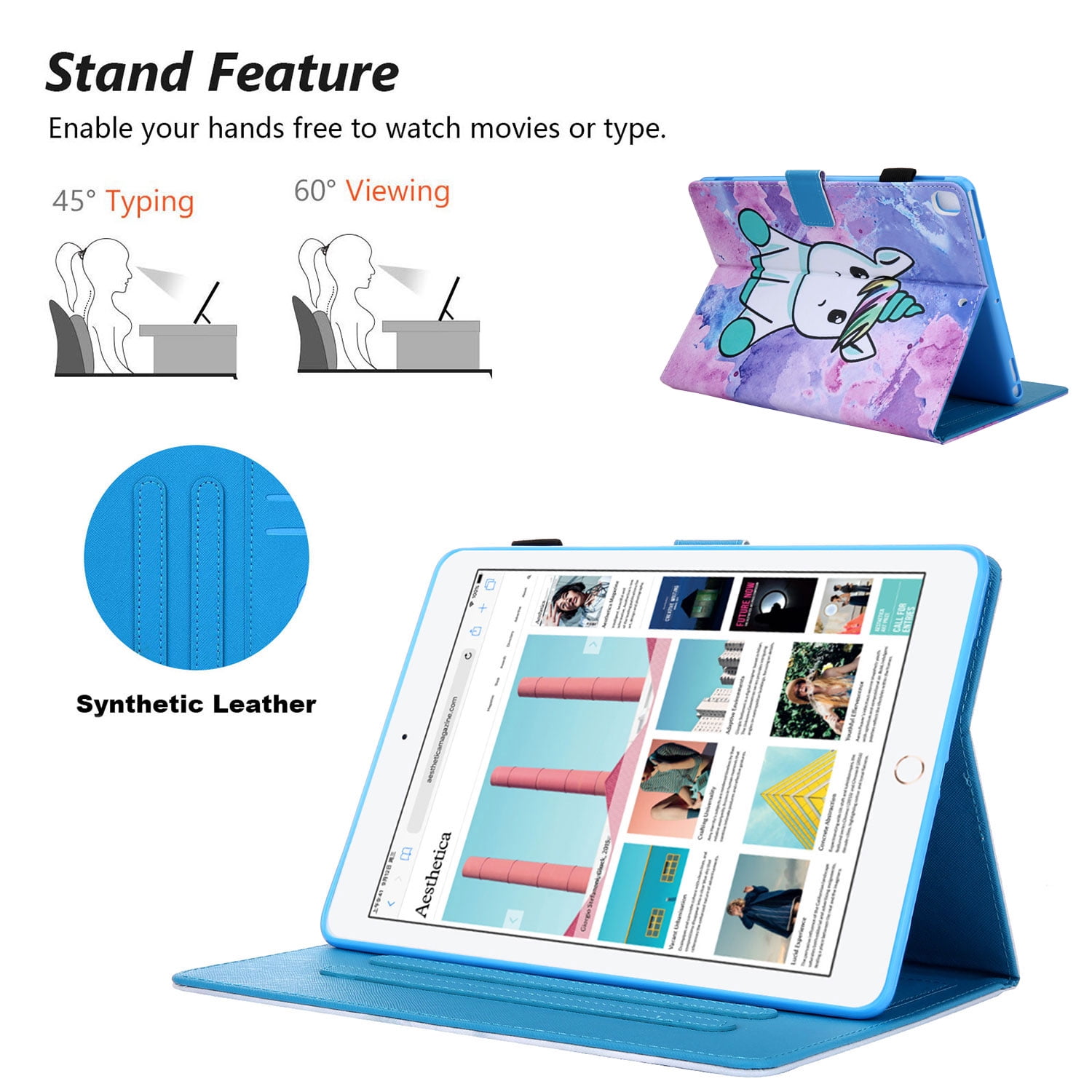 iPad 9.7 6th 5th Case, iPad 9.7 Case with Pencil Holder, Allytech PU Leather Slim Shockproof Auto Sleep Wake Kickstand TPU Back Cover Casef for Apple iPad 9.7 2018/2017, iPad Air 1 2,Unicorn