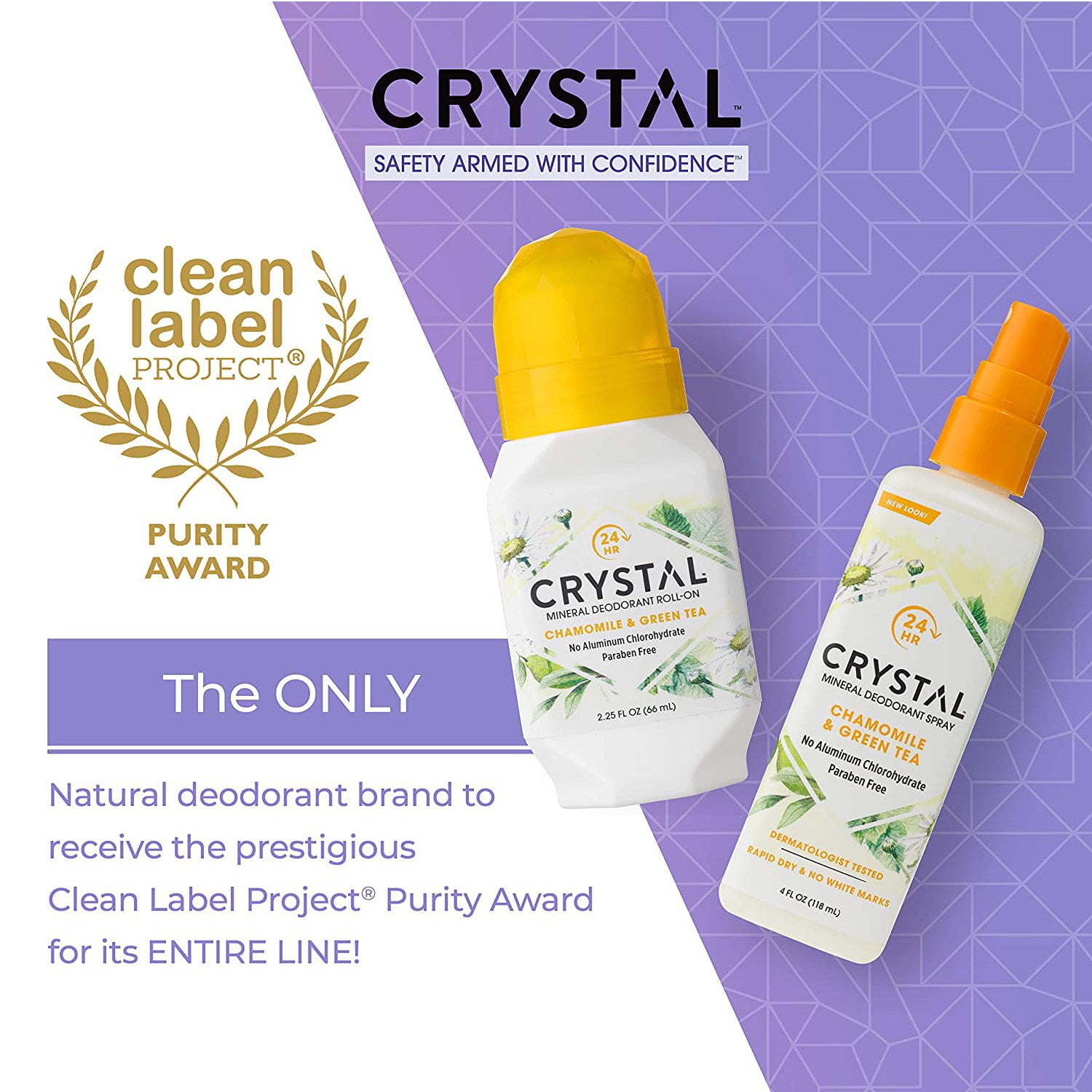 Crystal Essence Mineral Deodorant Roll-On, Chamomile & Green Tea 2.25 oz (Pack of 4)