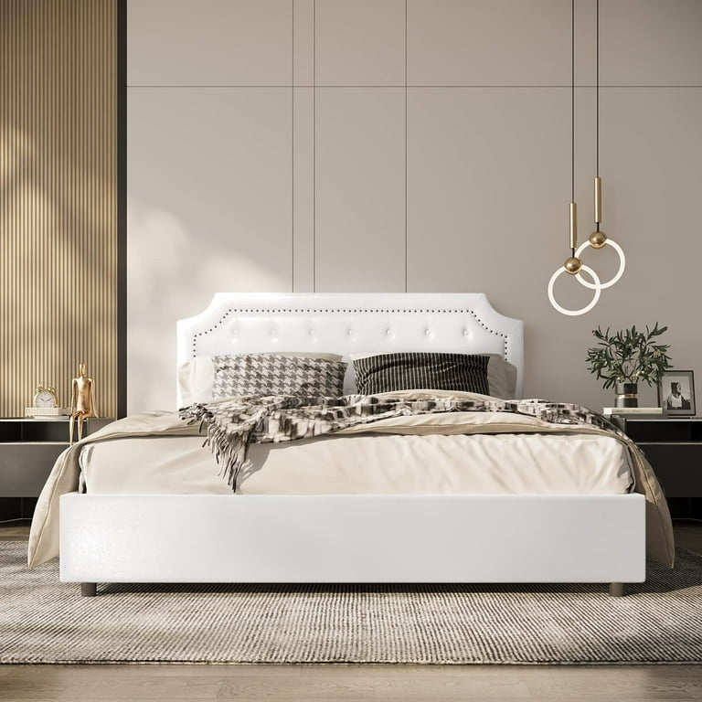 BONSOIR King Size Storage Bed Frame Upholstered Low Profile Traditional Platform with Tufted and Nail Headboard 4 Pull Out Drawers White Faux Leather