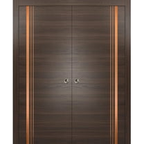 Sliding French Double Pocket Doors 60 x 80 inches | Planum 1010 Chocolate Ash with Frosted Glass | Kit Trims Rail Hardware | Solid Wood Interior Bedroom Sturdy Doors
