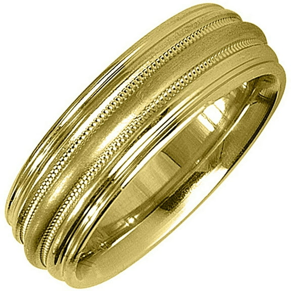 14K Yellow Gold Mens Wedding Band 6mm Satin Milgrain Comfort Fit
