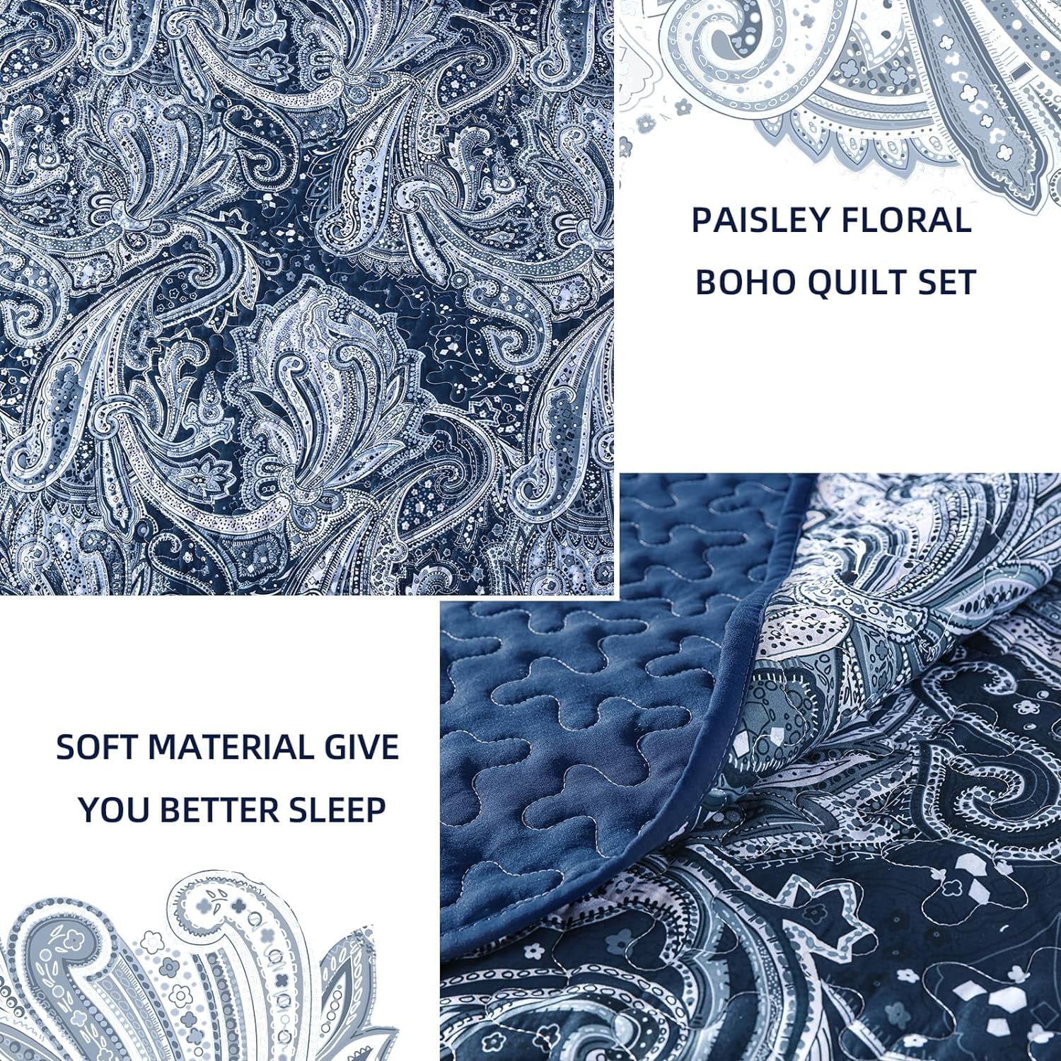 Dintszyayue Navy Quilt Set King Size,3Pcs Bohemian Bedding Set Lightweight Paisley Adult(90"x 110")