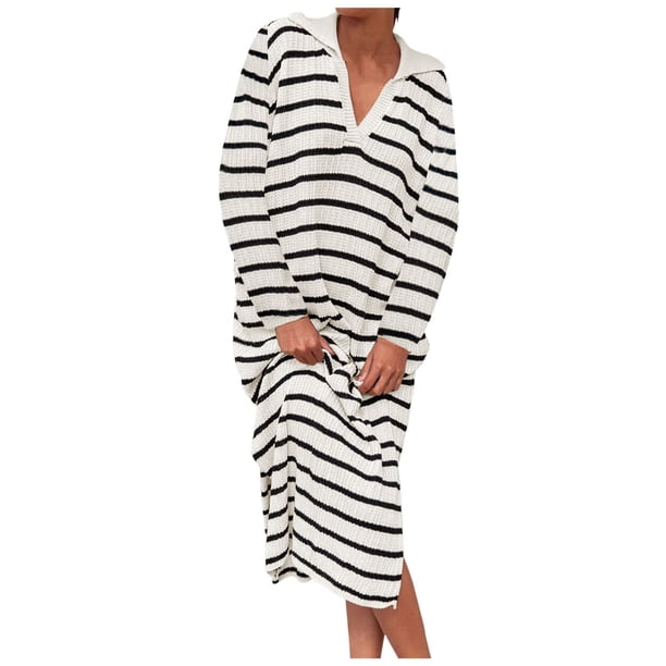 Vestidos Para Mujer Verano Otoño 2024 Vestido de Rayas de Manga Larga Con Cuello En V y Abertura Lateral Vestidos Largos Casuales
