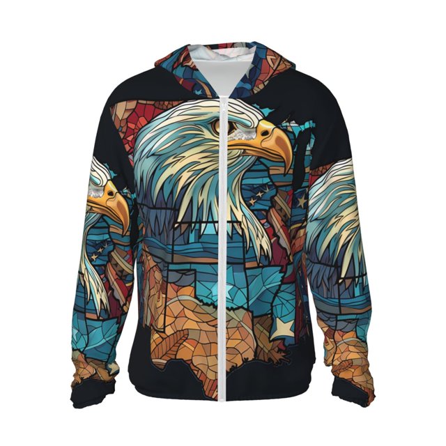 Fotbe Stained Glass Eagle USA Chaqueta con Protección Solar UPF 50+ para Hombre y Mujer, Camisa con Capucha y Bolsillos-Medium