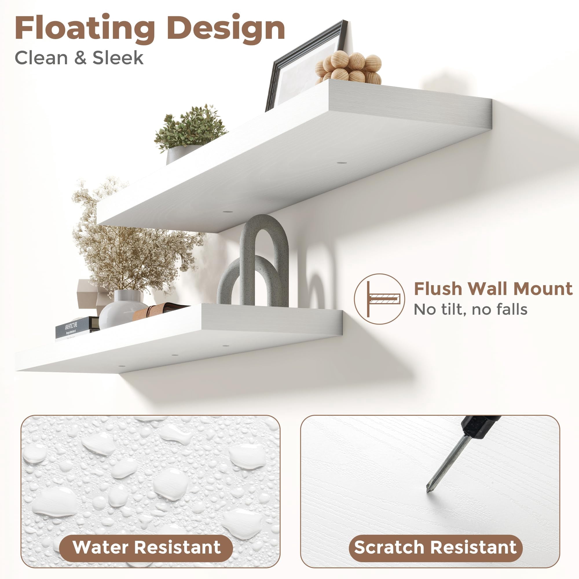36 Inch Floating Shelves For Wall With Invisible Brackets Set Of 2  8"d Engineered Wood Grain Living Room Bedroom Bathroom Kitchen Decor And Storage White Finish