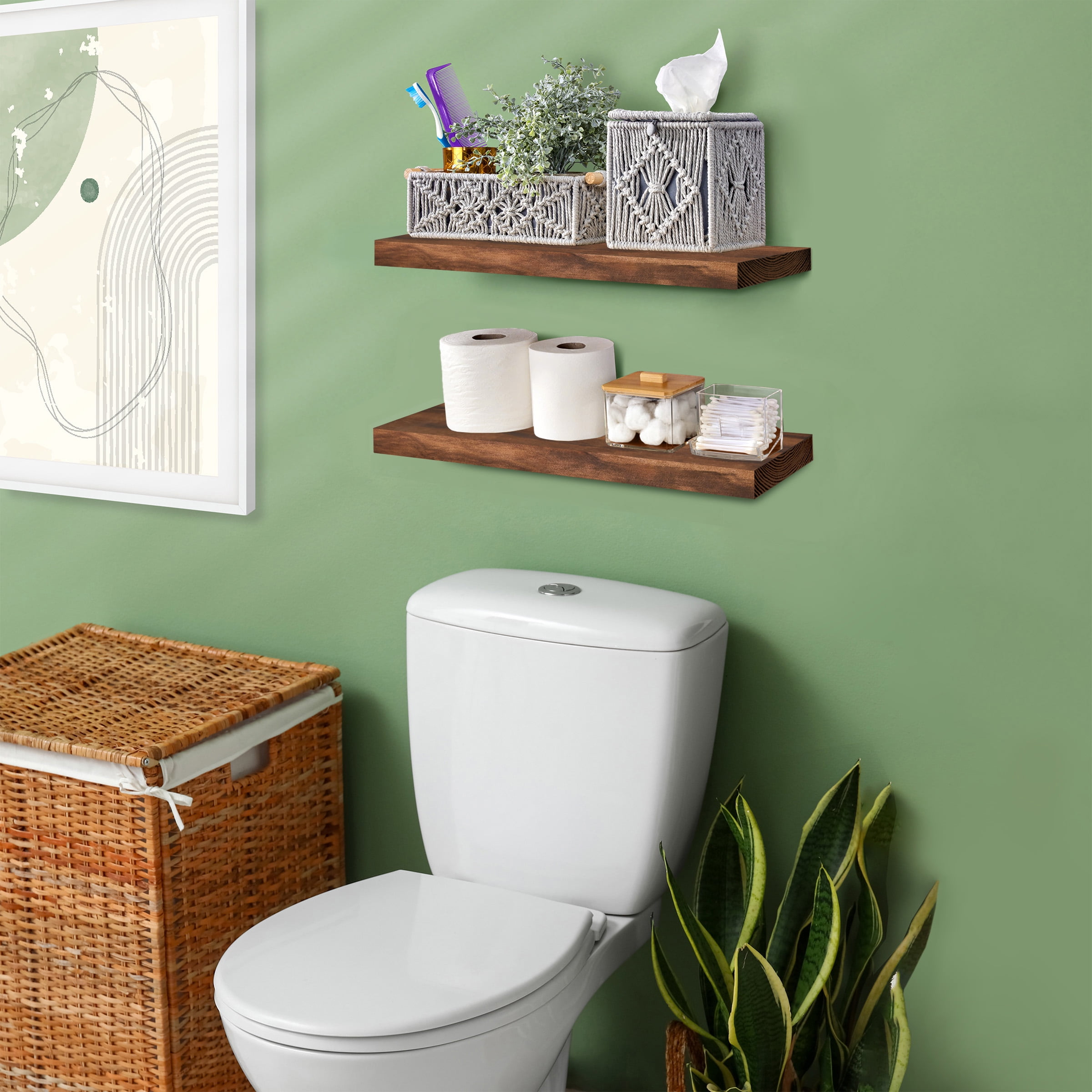 Sorbus Wood Floating Shelves for Wall - 16” Solid Wood Wall Shelves for Bathroom Decor, Books, Bedroom & Living Room - Set of 2 Wall Mounted Kitchen Shelves - Durable 100% Premium Solid Pine