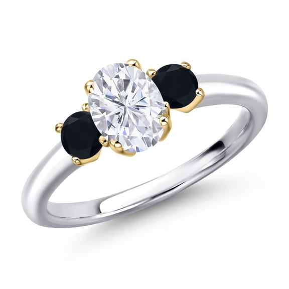 Gem Stone King 925 Silver and 10K Yellow Gold White Moissanite and Black Onyx Engagement Ring for Women | 1.16 Cttw | Oval 7X5MM | Gemstone Birthstone | Size 5