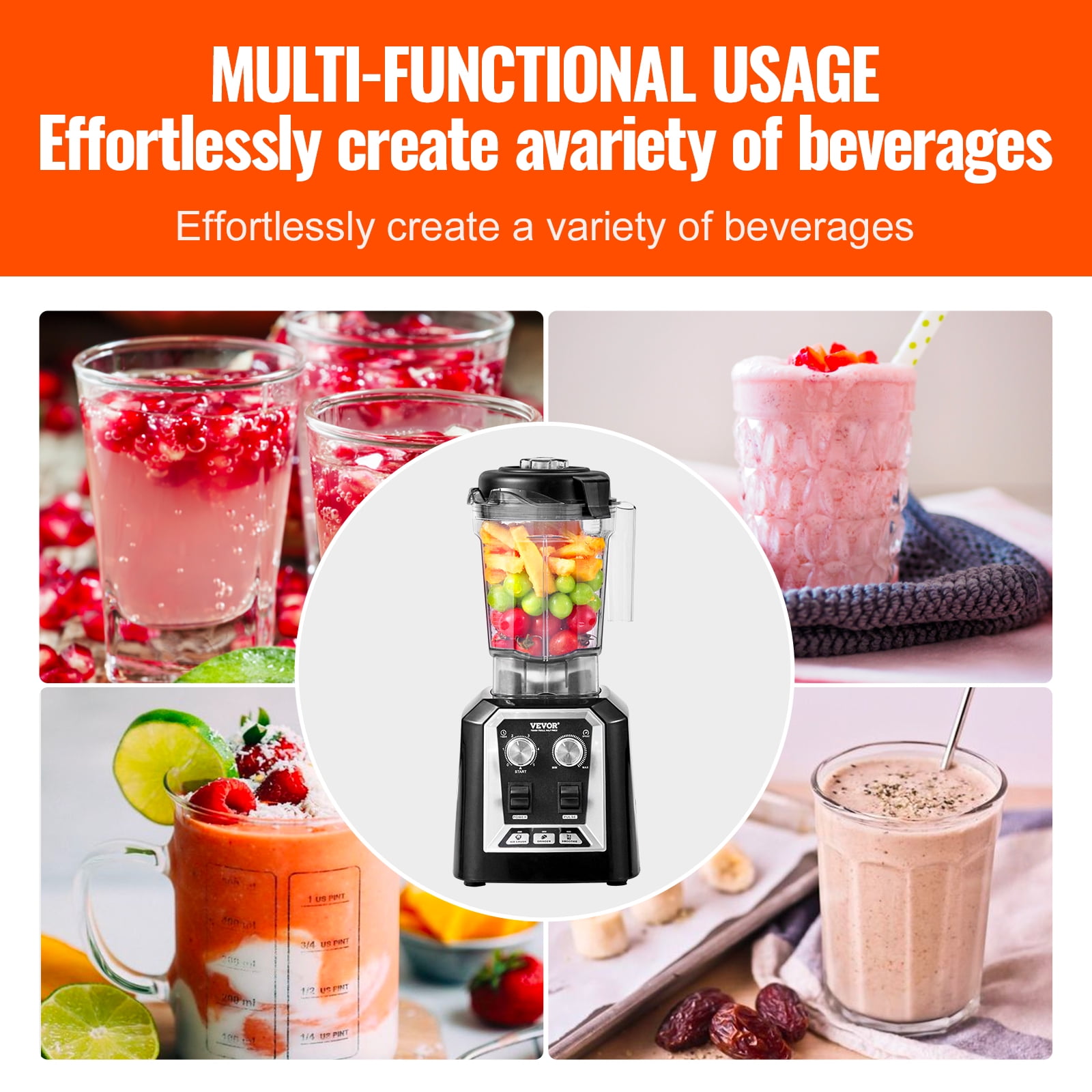 VEVOR Professional Blender, Commercial Countertop Blenders, 68 oz Glass Jar Blender Combo, Stainless Steel 3 Functions Blender, for Frozen Drinks, Shakes, Smoothies, Peree, and Crush Ice, Black