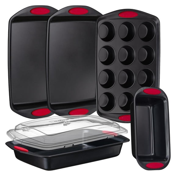 NutriChef 6-Piece Baking Pan Flexible Nonstick Black Coating Carbon Steel Bakeware W/ Red Handles