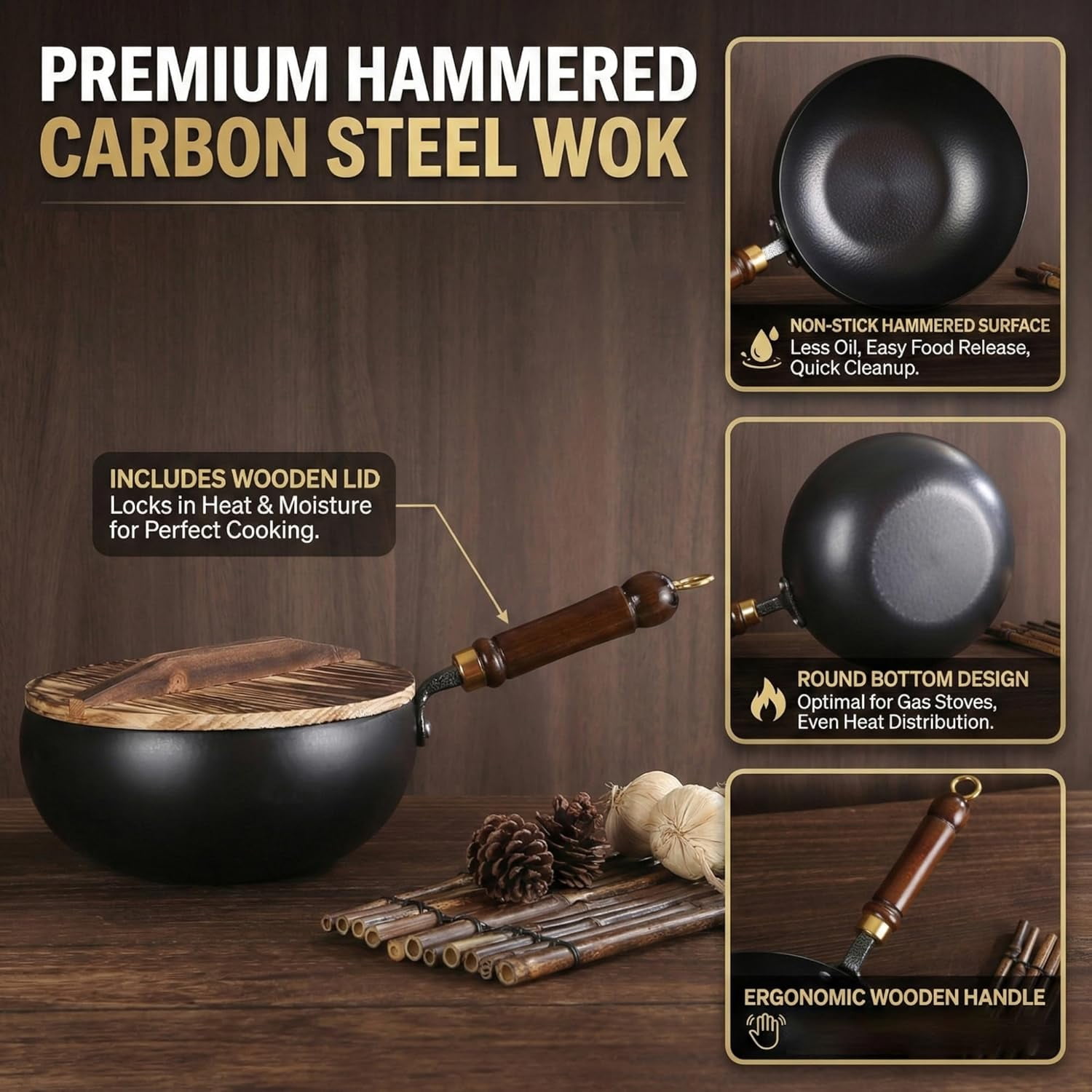 Japanese Cast Iron Wok Pan - Uncoated Healthy Cooking Pot with Lid, Hand Hammered Non Stick Frying Pans Made in Japan (Hand-Hammered + Glass Lid,7.9'')
