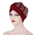 thumbnail image 2 of ZHENHONG Turbans for Women Fashion Solid Color Pearl Decorated Elastic Headband Cap Casual Headwear Wine Red, 2 of 9