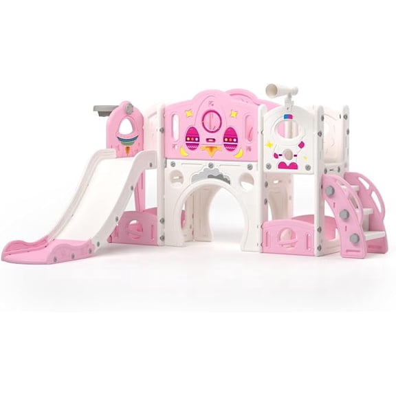 9-in-1 Toddler Slide and Climber Playset, Indoor Outdoor Kids Playground with Slide, Basketball Hoop, Telescope, Ring Toss and Storage Space for Boys and Girls Ages 1-4, Pink and White