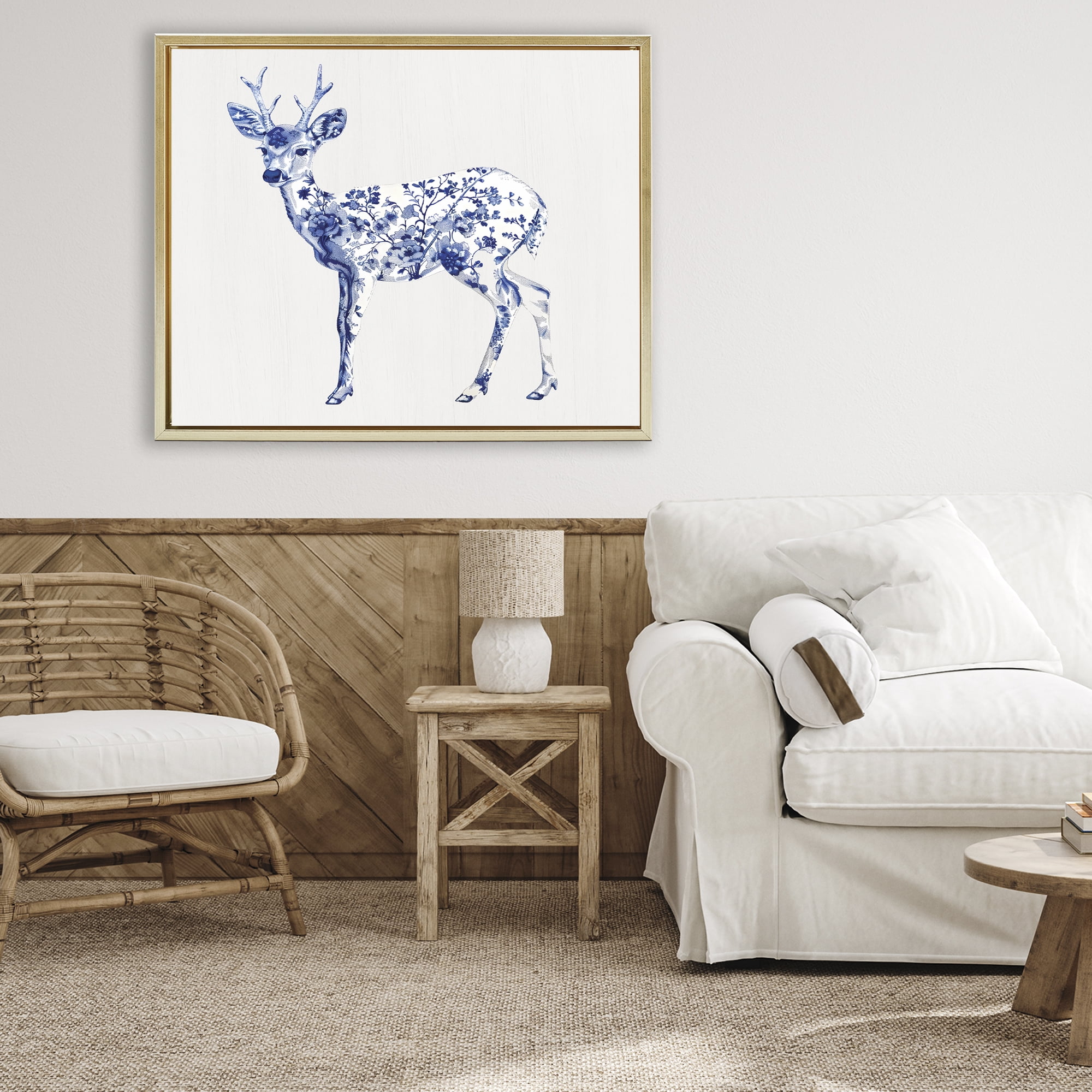 Graceful Toile Deer Gold Framed Floater Canvas Wall Art, design by Lettered and Lined