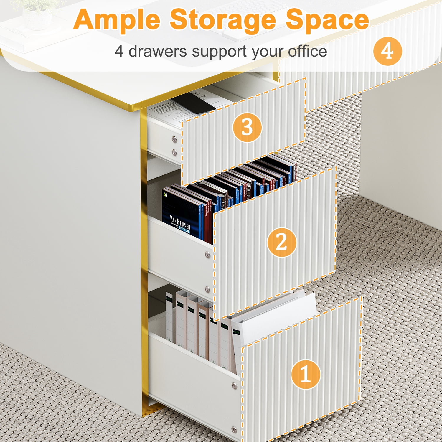 DreamCurship White Desk with Drawers, Computer Desk with Storage, Writing Desk for Bedroom, White and Gold Desk