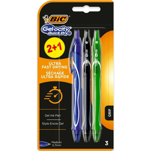 BIC Gel-ocity Rollerball Pens with Contoured Rubber Grip, Medium Point, 0.7mm, Assorted Ink Colors, 3 Count