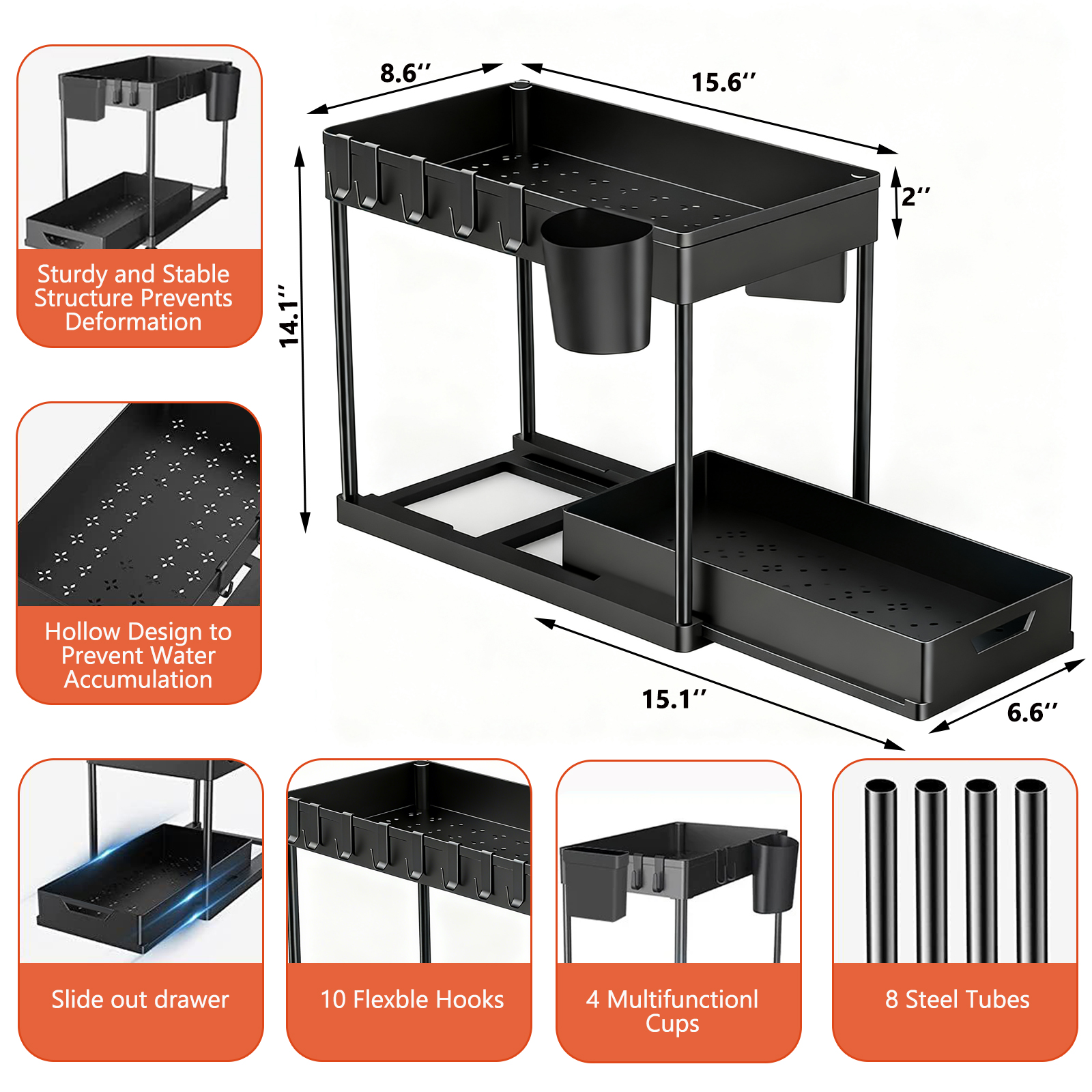 Kisportee Under Sink Organizer, 2-Pack with Hooks and Cups photo 4