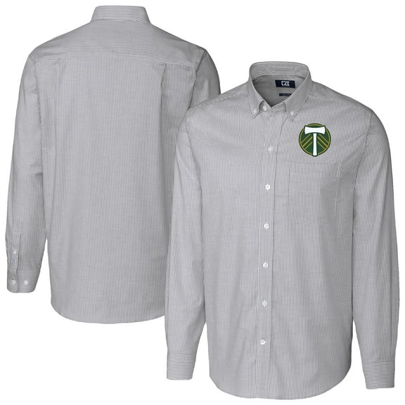 Men's-Cutter & Buck  Charcoal Portland Timbers Stretch Oxford Stripe Tri-Blend Long Sleeve Button-Down Shirt