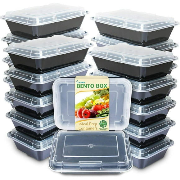 Enther Contenants de Préparation de Repas Simple 1 Compartiment avec Couvercles, Boîtes à Lunch Bento Sans BPA / Empilables / Réutilisables, Micro-Ondes/lave-Vaisselle, Congélateur Sécuritaire, Contrôle des Portions (28 oz), Noir et Transparent