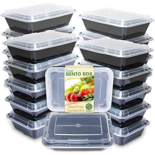 Enther Meal Prep Containers Single 1 Compartment with Lids, Food Storage Bento BPA Free | Stackable | Reusable Lunch Boxes, Microwave/Dishwasher, Freezer Safe,Portion Control (28 oz), Black and Clear