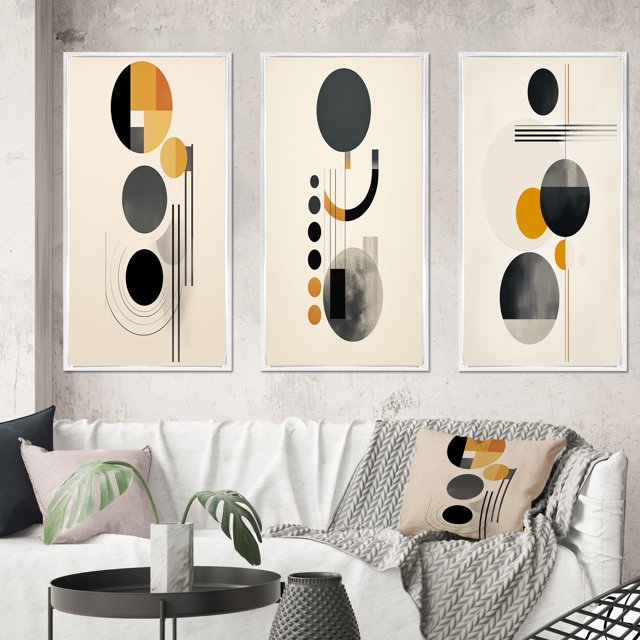 Designart "Minimal Circular Geometric Art II" Modern Geometric Framed Wall Art Set Of 3 - Grey Abstract Frame Gallery Wall Set For Home Decor