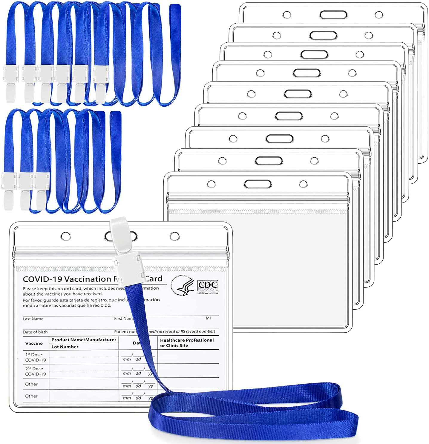 5 Pack CDC Vaccination Card Protector 4.2 X 3 in Vaccine ID Record Card Holders with Lanyard Blue and Orange Available. Black Clear Vinyl Plastic Sleeve with Waterproof Zip 