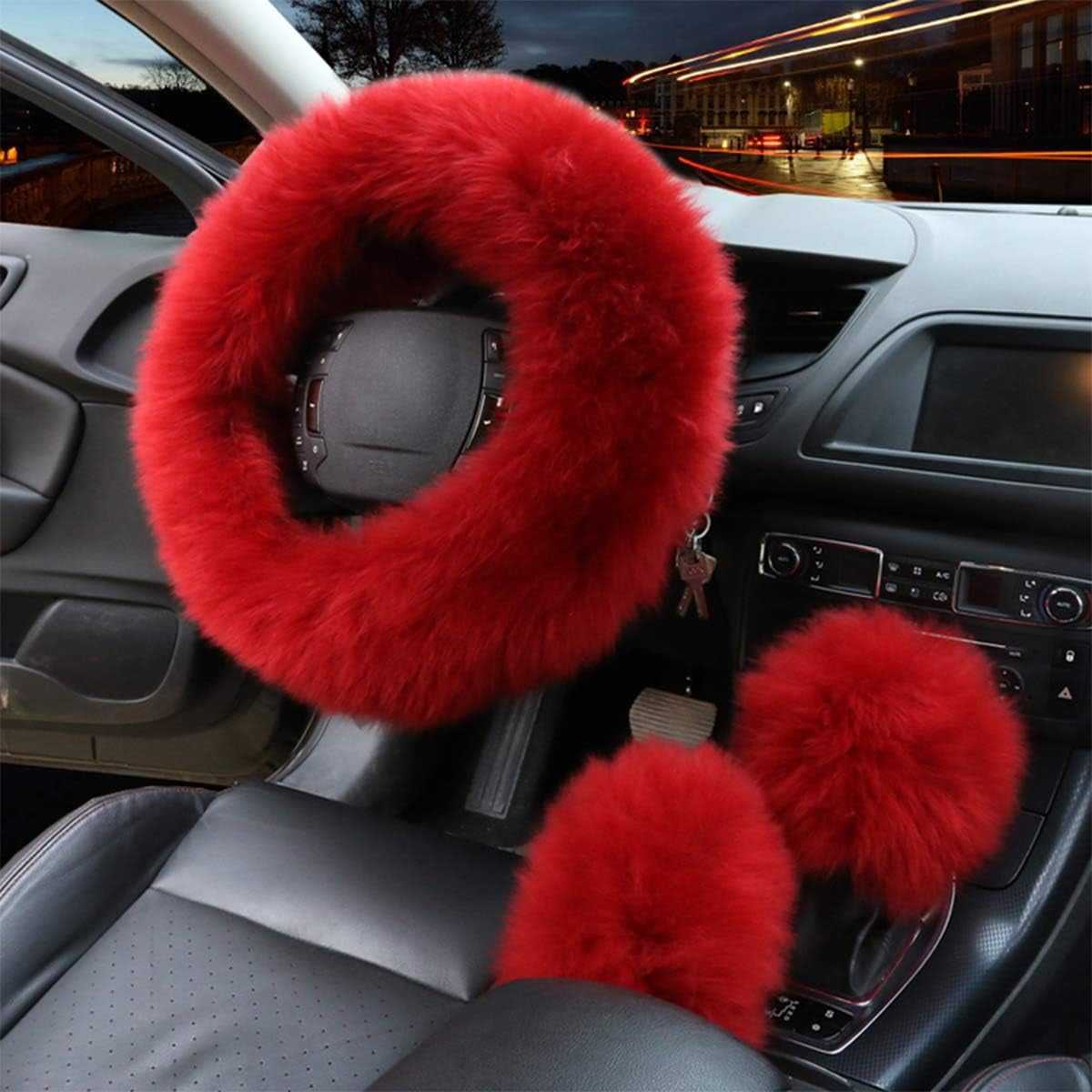 1 Set 3 Pcs Car Steering Wheel Cover Handbrake Cover and Gear Shift Cover Set Faux Wool Warm Winter, Wine Red