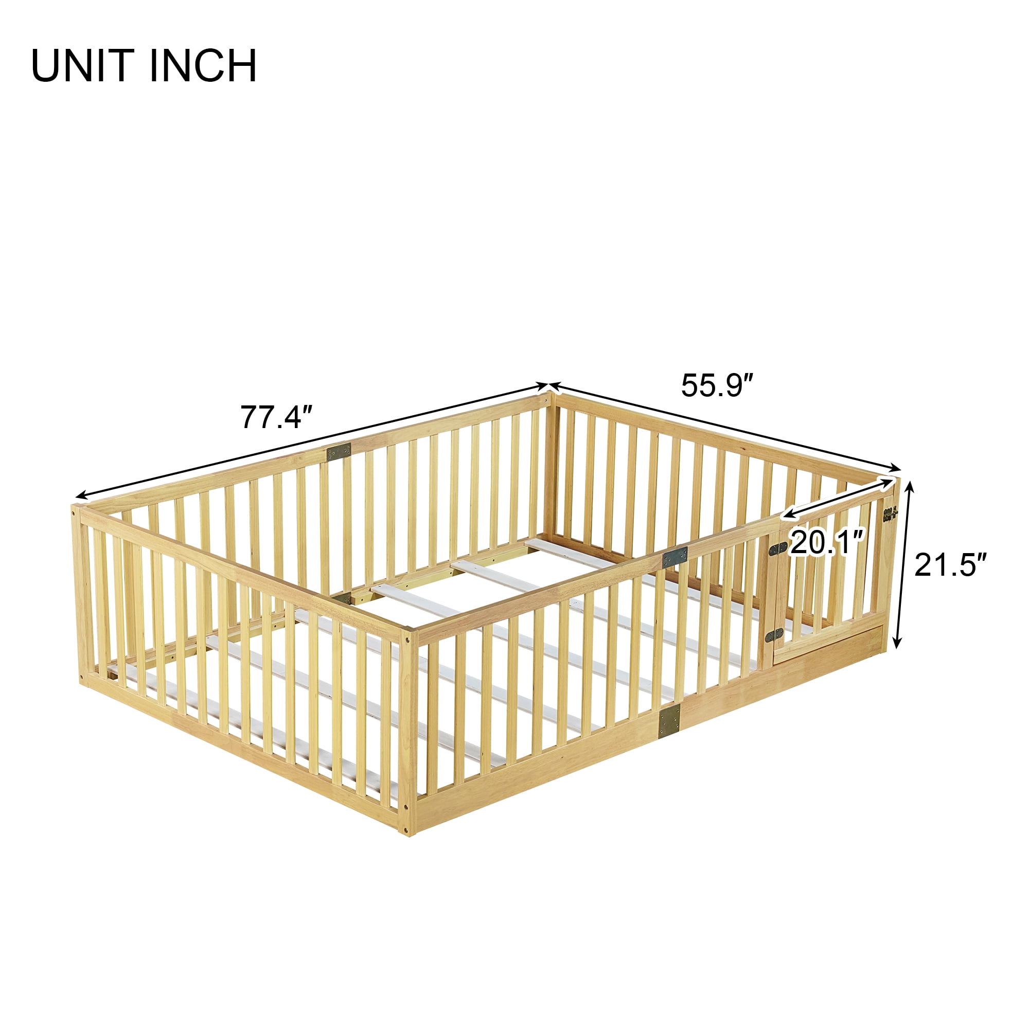 Holaki Wood Full Size Floor Bed with High Fence Railings for Kids, Oak