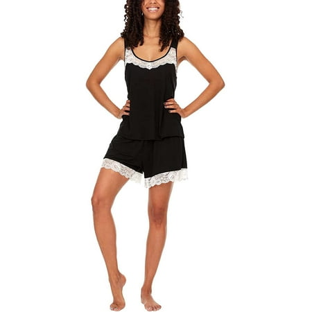 

Flora Nikrooz Womens Tank Short Sleepwear Pajama Set Soft with Lace Trim ( Black XS)