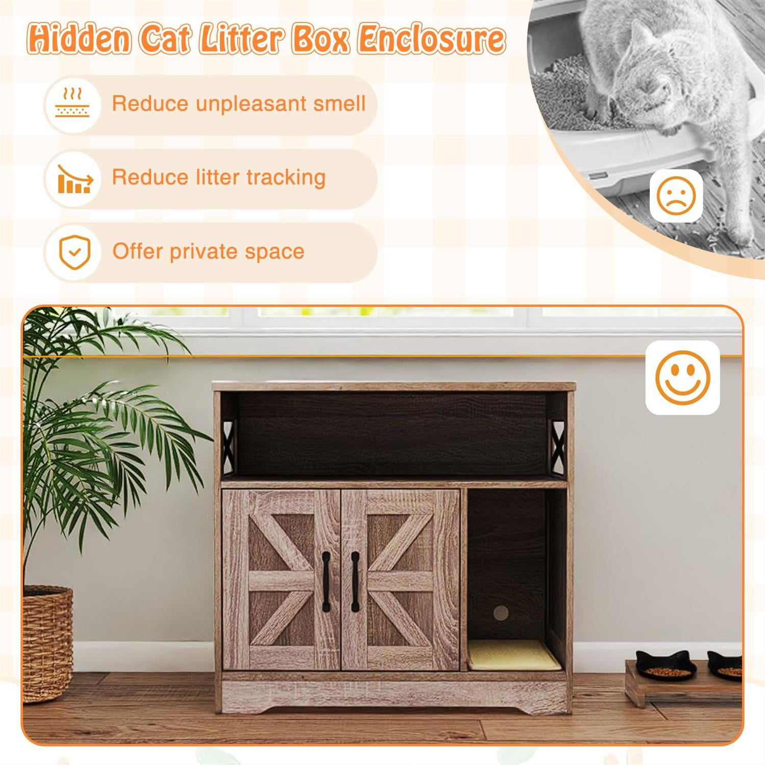 Pefilos Hidden Cat Litter Box Enclosure, Storage Space & Sisal Mat, Anti-Toppling Design, Grey