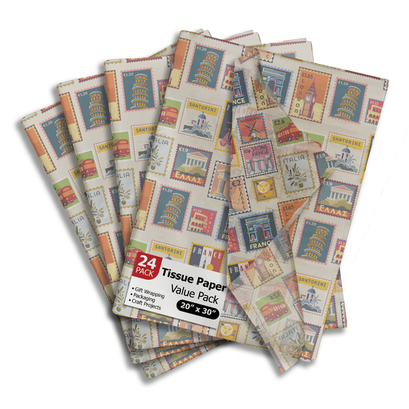 Stamps Printed Tissue Paper for Birthday Party Gift Bags or Boxes and Wrapping - Bulk Decorative Art Tissue Paper for Packaging and Gifting | 24 Sheets 20" x 30"
