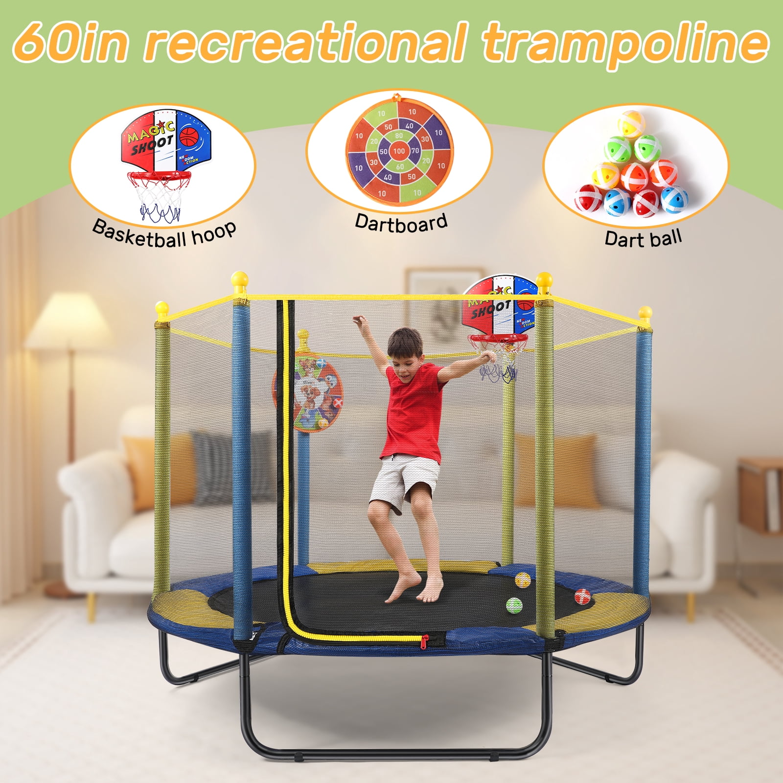 Fenbeli 60'' Kids Trampoline with Safety Net, Basketball Hoop & Dartboard, Indoor Outdoor Toddler Trampoline for Ages 1-8