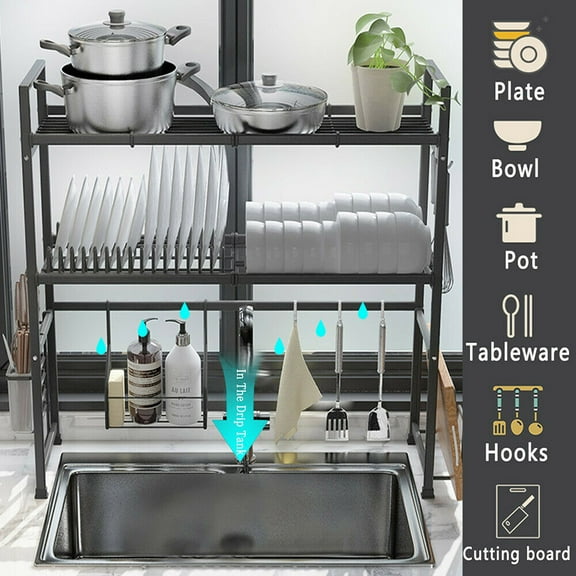 Over The Sink Dish Drying Rack, Adjustable Large 2 Tier Stainless Steel Dish Dryer Rack for Kitchen Organizer Storage Space Saver Shelf Utensils Holder Drainer