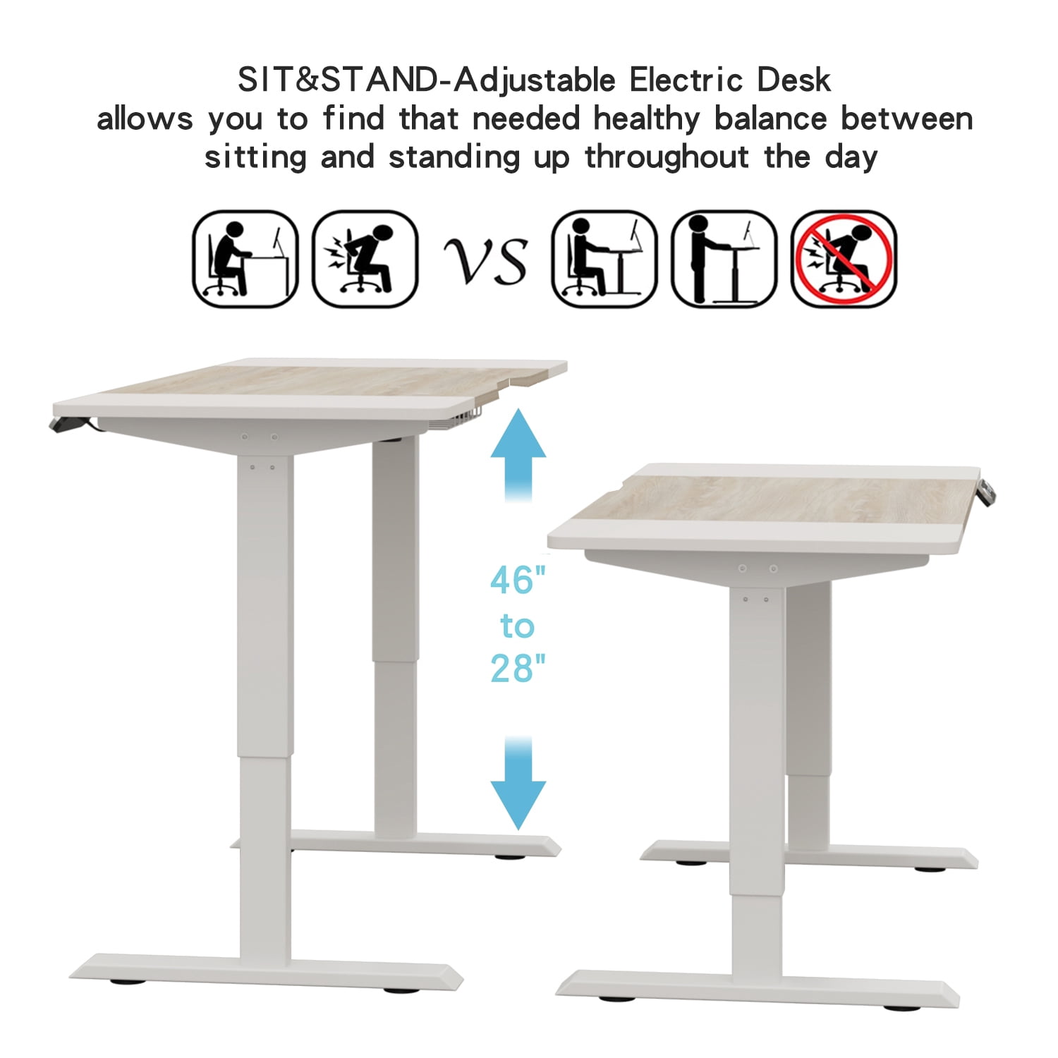 Electric Standing Desk 63x30 Inch, Height Adjustable Sit Stand Desk, Splice Board, 4 Memory Presets, Cable Basket, Side Hooks, Home Office Workstation, White Light Oak