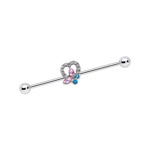 Body Candy 14G 316L Steel Helix Cartilage Earring Pink Blue Accent Butterfly Heart Industrial Barbell 1 1/2"