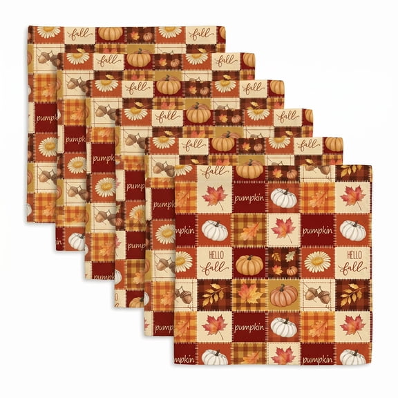 Sm:)e Grid Maple Leaves Pumpkin Fall Cloth Napkins Set of 6 Reusable Dinner Napkins, Washable Table Napkin for Wedding/Holiday Party/Baby Shower 18"x18"