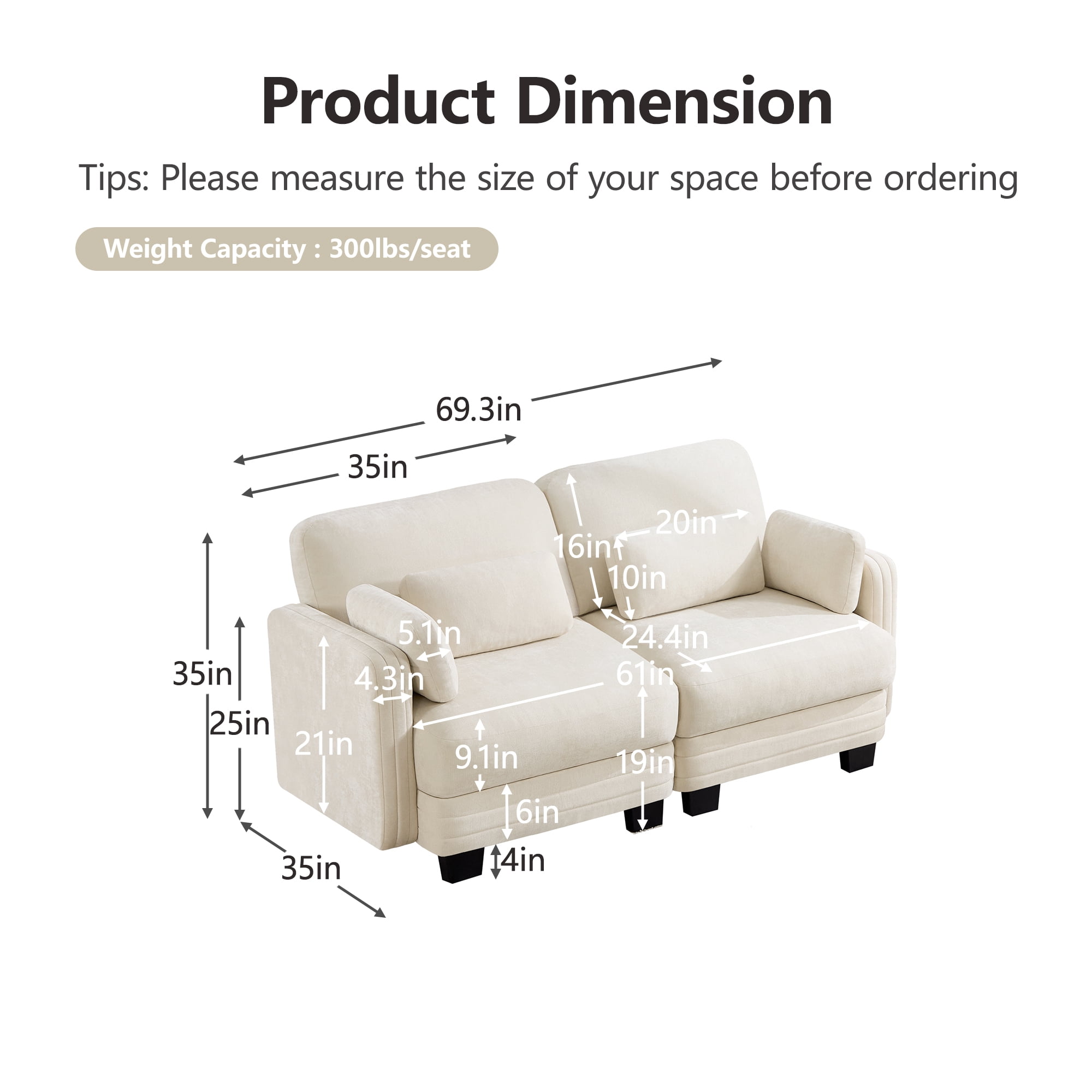 70" Modern Modular 2 Seater Loveseat Sofa Couch with 4 Pillows