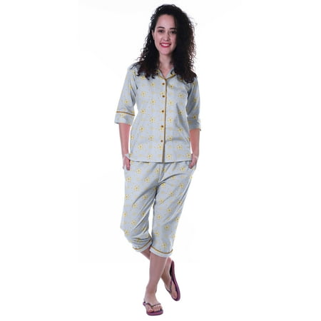 

Moomaya Printed Cotton 3/4 Sleeve Shirt With Capri 2 Piece Nightwear Set Sleepwear For Womens