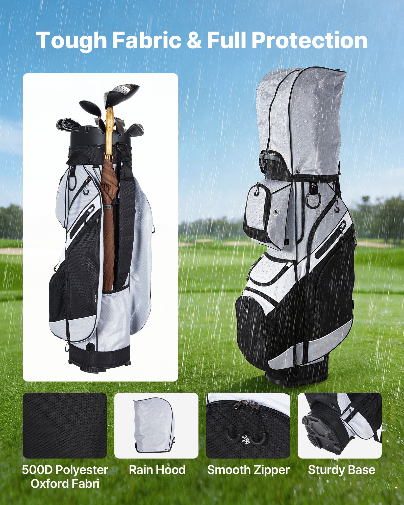 VEVOR Golf Cart Bag, 14 Way Top Divider Organizer, Golf Club Bag with Full-length Divider, Handles, Storage Pockets, Shoulder Strap, Rain Hood, Smooth Zippers, Lightweight Polyester for Men & Women