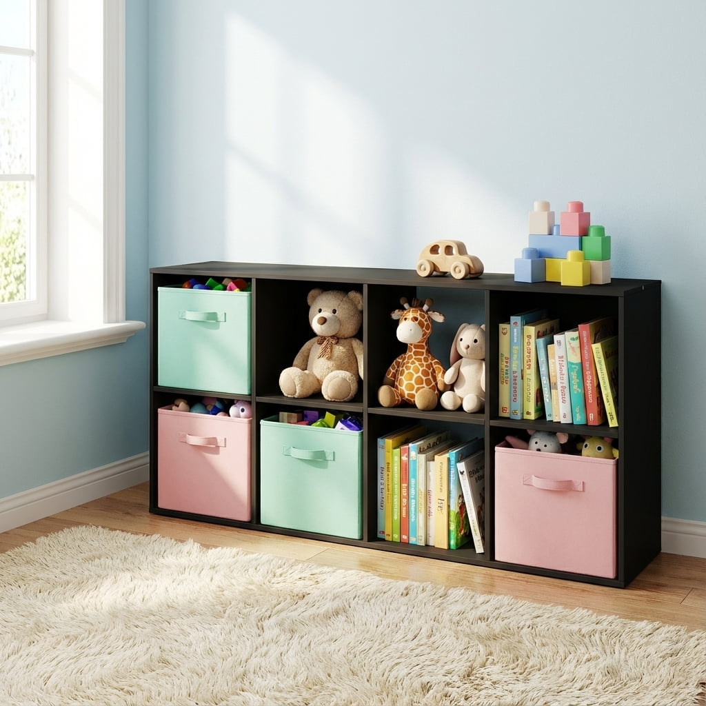 TrumanPick Stackable 8 Cube Storage Organizer - Wood Cube Shelf Fits Cubby Bins, Cubicle Bookshelf with Open Shelves & Anti-Tipping Kits for Living Room, Home Office, Black