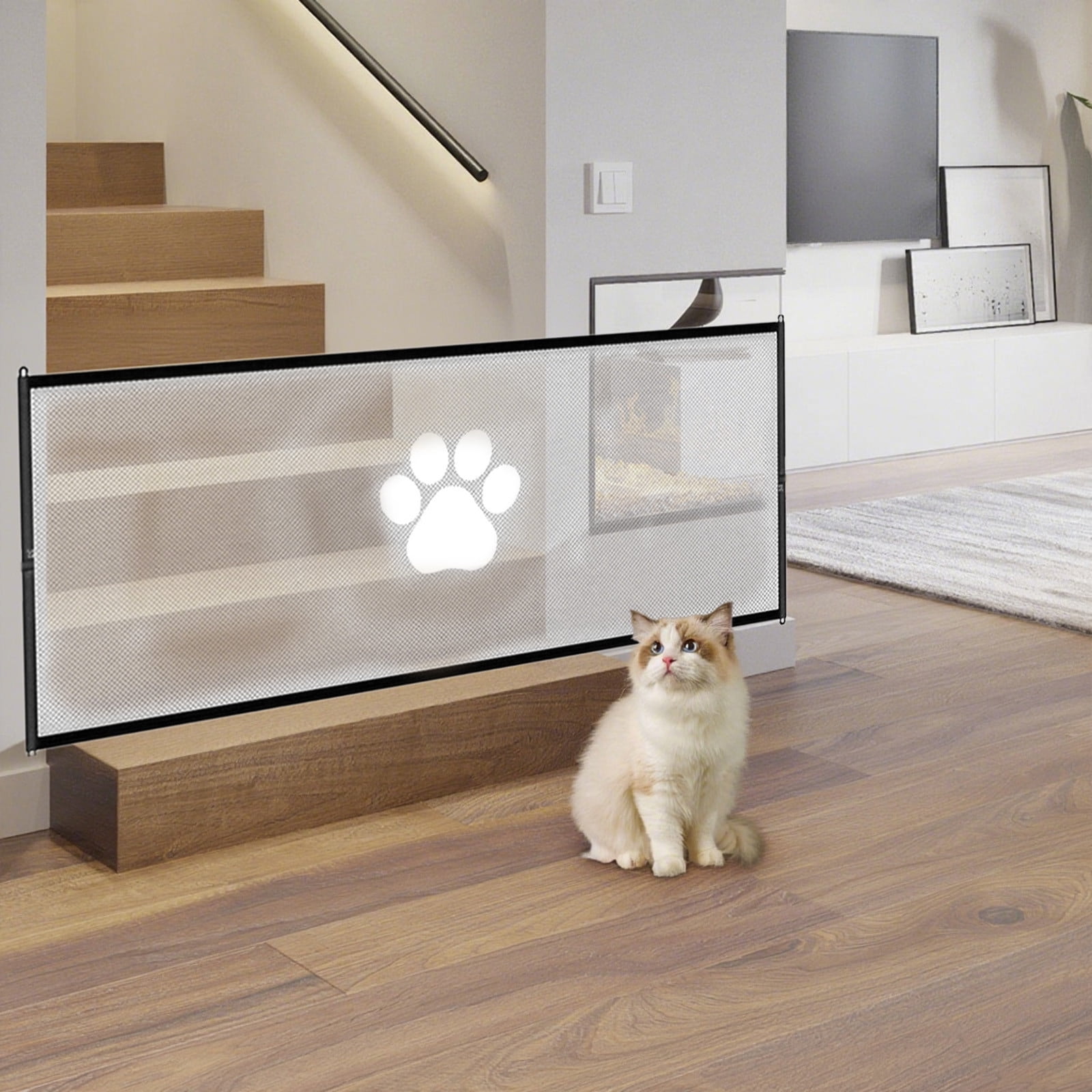 cpengpj No-Drill Pet Fence for Cats and Dogs, Paw Print Design, Sturdy Mesh Barrier for Doorways and Stairs, Easy Install Home Safety Gate