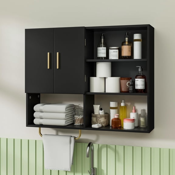 Bathroom Wall Cabinet Wood Large Wall Mounted Medicine Cabinet with 2 Doors and 4 Open Shelves Over Toilet Storage Cabinet Organizer with Towel Bar,White