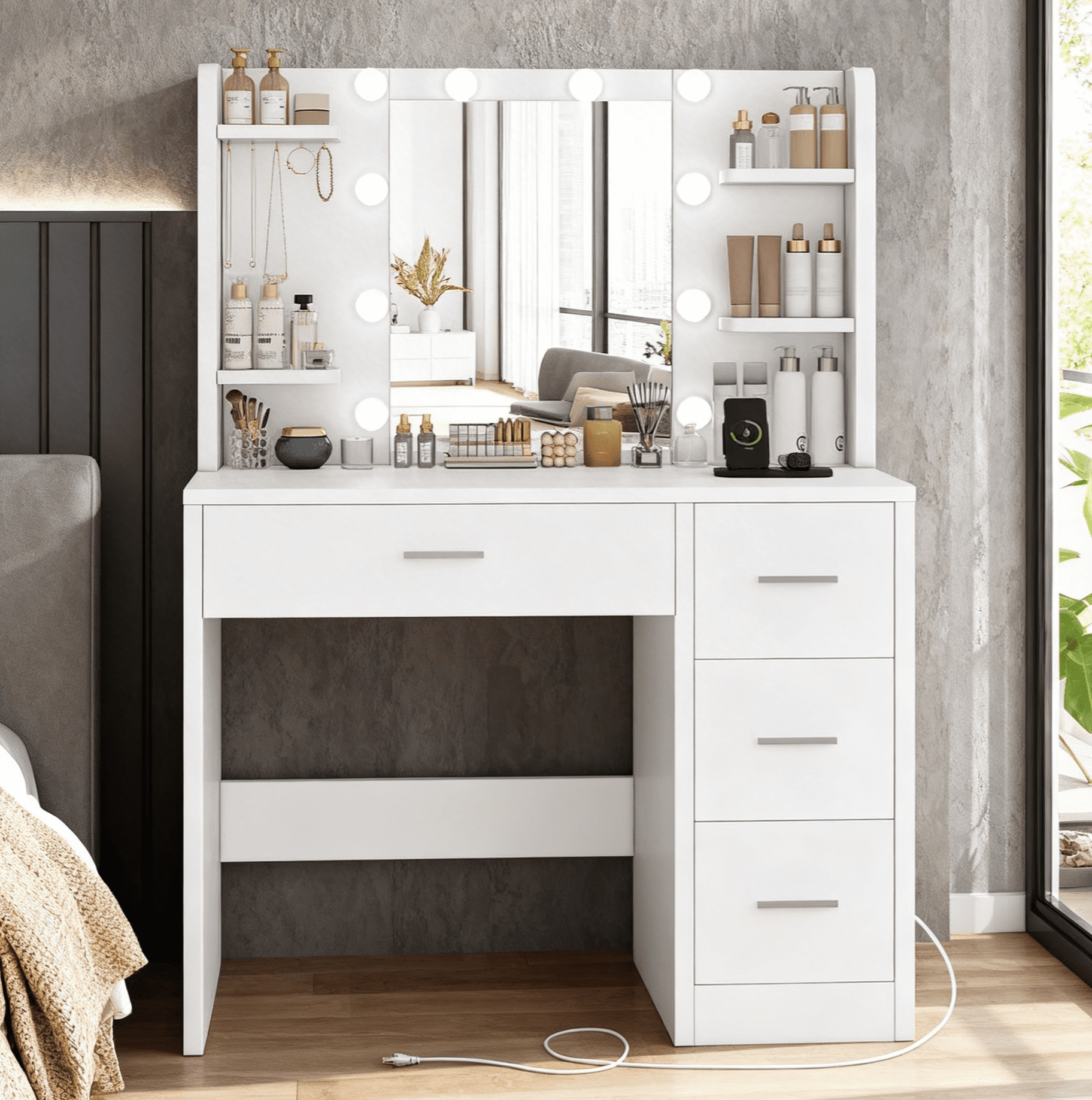 Makeup Vanity Set with Mirror & Lights, Vanity Desk with 4 Drawers, Vanity Table with Power Outlet, 3 Color Modes & Adjustable Brightness