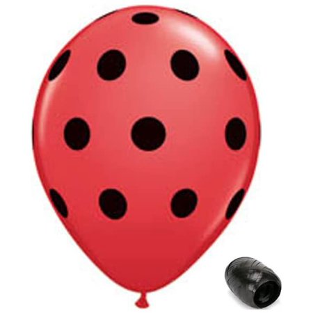 10 Pack 11' Red with Black Polka Dots Ladybug Latex Balloons with Matching Ribbons