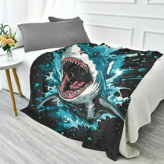 70x55 Inches Glow in The Dark Blanket Cozy Throw Camping Blankets for Home and Outdoor Use Aggressive Blue Shark