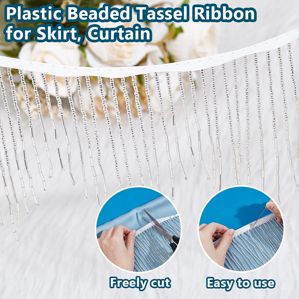 1 Set 1.8 Yards Glass Beads Fringe Tassel Lace Trim Ribbon Cotton Ribbon Clothing Accessories Silver 5-1/2 inch(140mm)