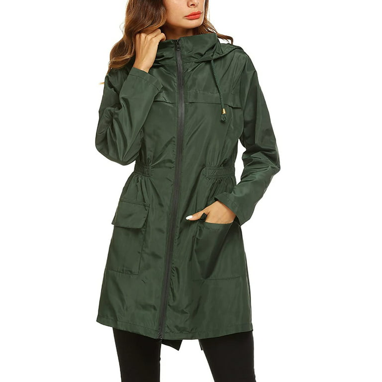 Lov Women Light Long Rain Jacket Waterproof Active Outdoor Trench  Raincoat with Hood Lightweight for Girls