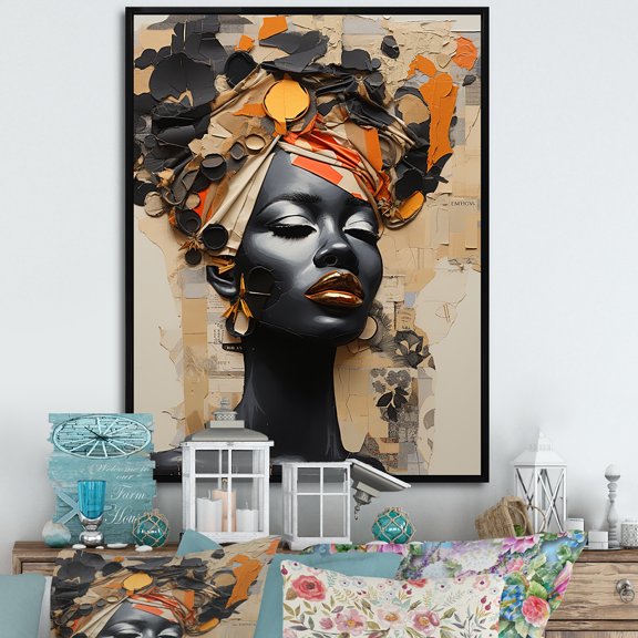 Designart "Minimalist Portrait Of A Stylish African Woman" Africa Floater Framed Wall Art Living Room