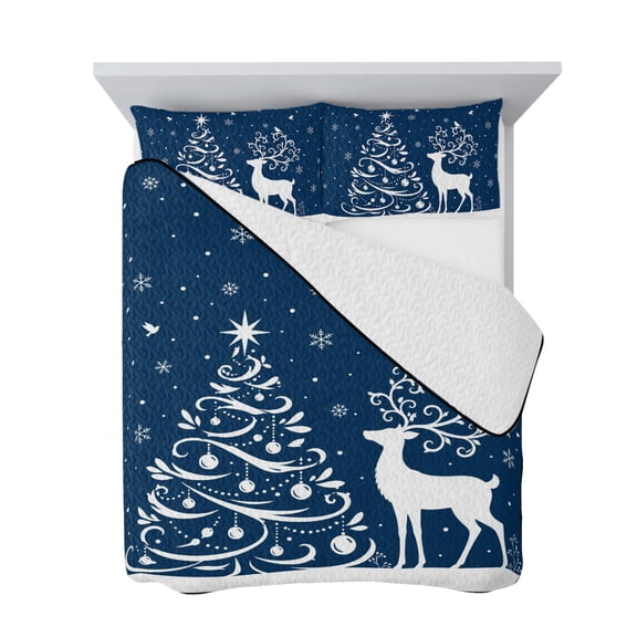 King Quilt Bedding Set, White Christmas Tree Deer Soft Microfiber Summer Bedspread Coverlet with 2 Pillow Shams for All Season, Minimalist Blue Background Breathable Bedding Set for Hot Sleepers