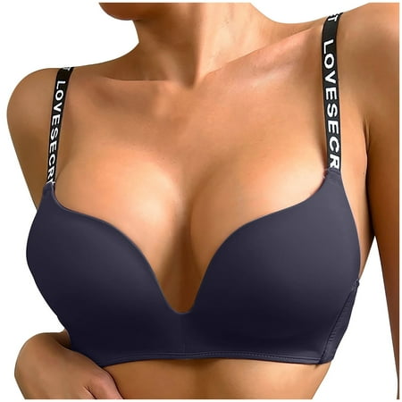 FAVIPT Push Up Bra for Women 2024 Full Figure Beauty Back Smoothing Bra Letter Print Strap Wireless Bra Lightweight Solid Color Back Underwear